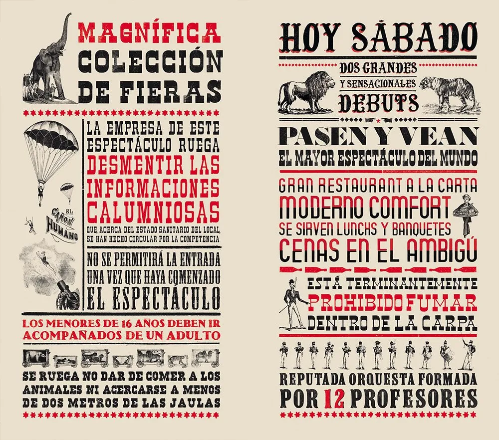 Dos carteles de aire circense de comienzos del siglo XX, en rojo y negro: 'Magnífica colección de fieras' y 'Hoy sábado', con ilustraciones de un elefante, un paracaidista y animales salvajes
