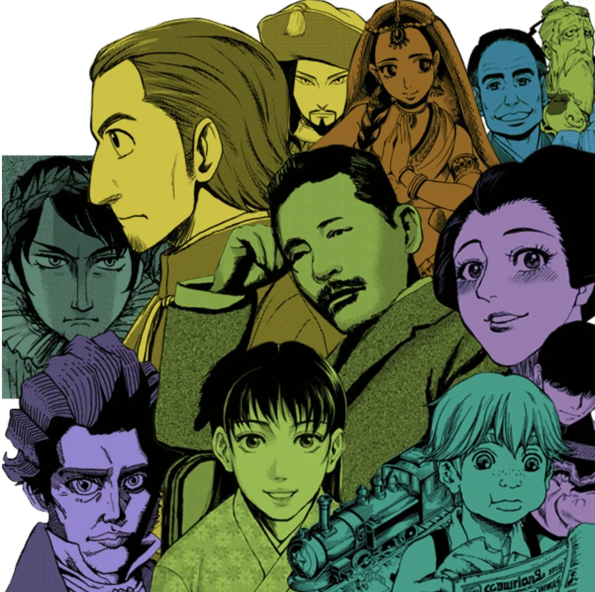 Collage de personajes de distintos títulos de Manga de Dokuha, en colores planos