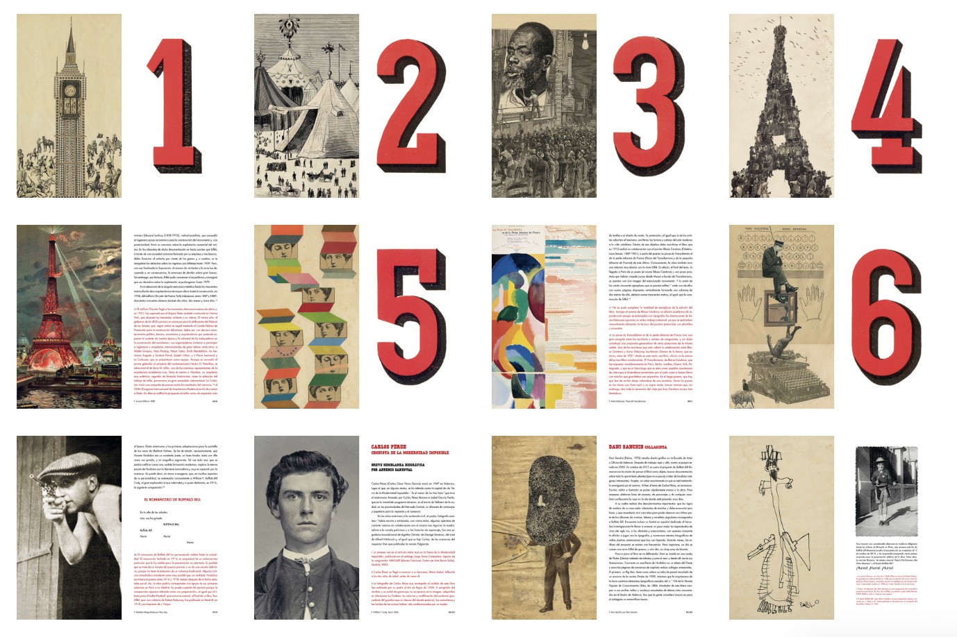 Seis dobles páginas de Buffalo Bill Romance, cada una con un número rojo grande: un reloj de torre estilo Big Ben, una carpa de circo, un retrato de un hombre, la torre Eiffel iluminada, un collage de rostros a color y una escena con una máquina de escribir