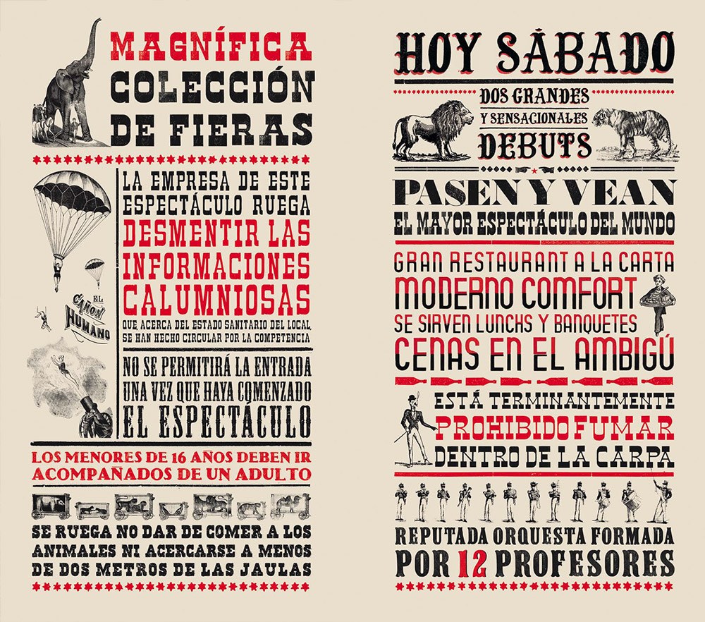 Dos carteles de aire circense de comienzos del siglo XX, en rojo y negro: 'Magnífica colección de fieras' y 'Hoy sábado', con ilustraciones de un elefante, un paracaidista y animales salvajes