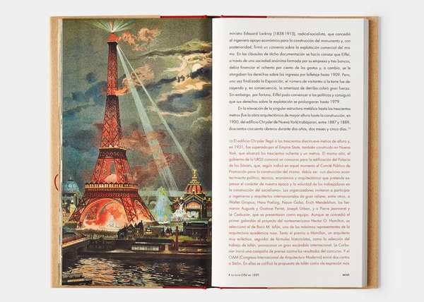Doble página de Buffalo Bill Romance con una ilustración a color de la torre Eiffel iluminada de noche, junto a una columna de texto sobre la concesión de Gustave Eiffel y comparaciones con rascacielos posteriores