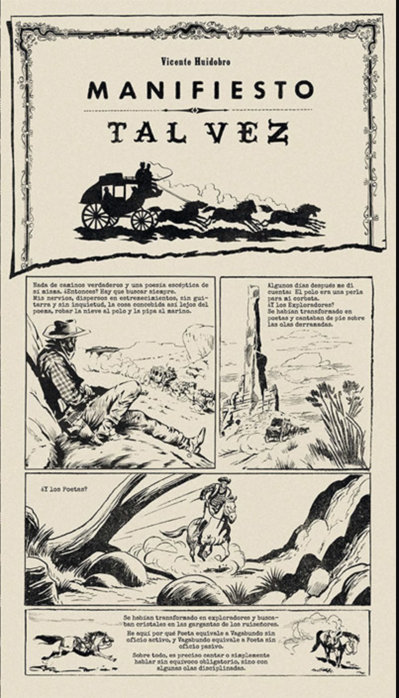 Página título del 'Manifiesto Tal vez' de Vicente Huidobro, ilustrada por Dani Sanchis con una diligencia del Salvaje Oeste