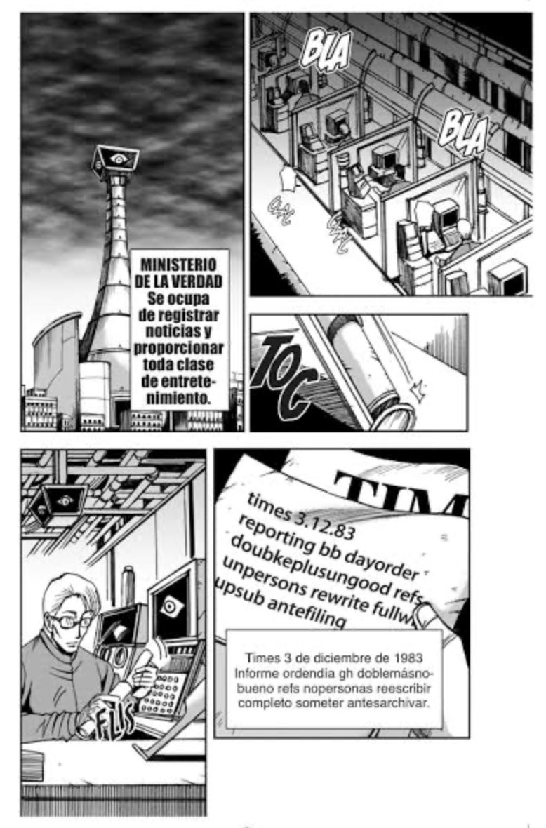 Página de 1984, el manga, con el Ministerio de la Verdad y un empleado reescribiendo noticias
