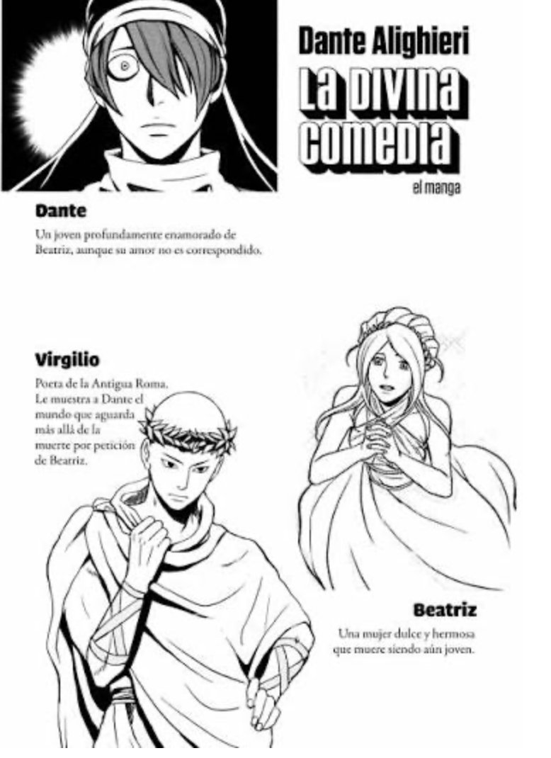 Página de La divina comedia, el manga, que presenta a Dante, Virgilio y Beatriz