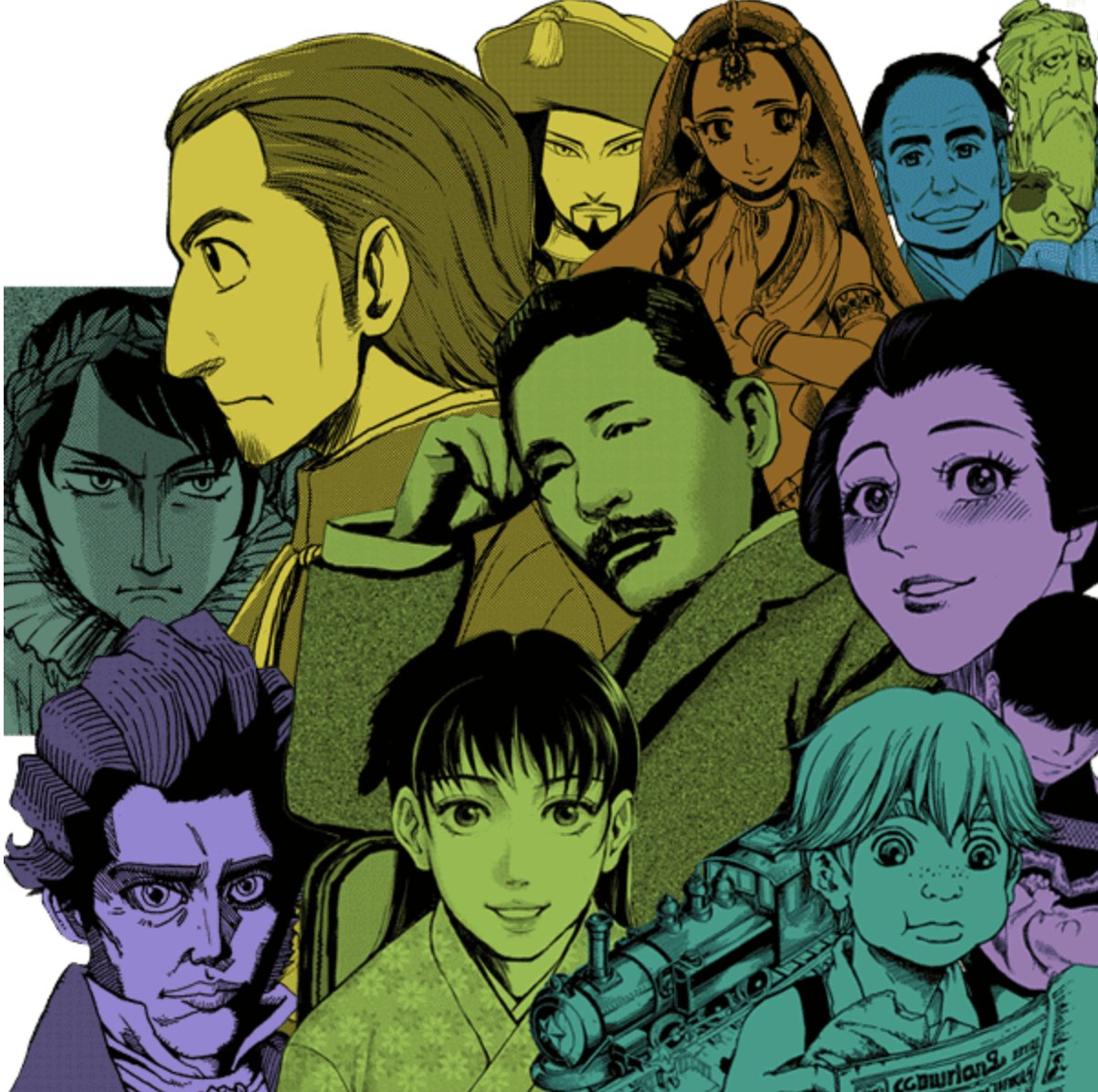 Collage de personajes de distintos títulos de Manga de Dokuha, en colores planos